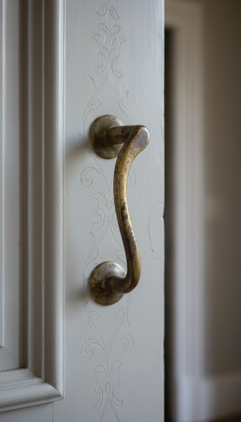 A tastefully minimal macro photograph of an antique brass door handle affixed to an elegantly restored, pale grey wooden door, revealing traces of patina and intricate carved patterns. The setting is a centuries-old, thoughtfully renovated entryway, with muted neutral walls and subtle architectural moldings visible at the edges. Soft, indirect morning light grazes the handle, creating a gentle gradient and accentuating its timeworn textures. Captured straight on with sharp central focus and a shallow depth of field, the composition highlights the harmony between heritage preservation and modern sophistication, mirroring the site’s ethos of investing with both reason and emotion.