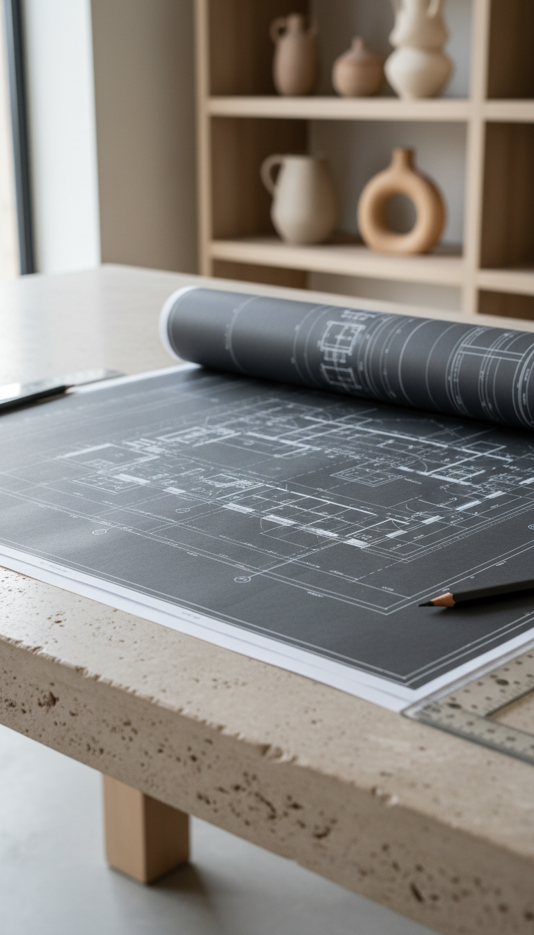 A close-up of a matte, monochrome architectural floor plan spread neatly across a pale stone desk, featuring translucent ruler edges and precisely sharpened graphite pencils resting beside it. Natural, diffused window light gently illuminates the plans, adding subtle gradients and soft reflections without harsh contrasts. In the background, a blurred out minimalist shelving unit holds muted pottery and sustainable decor objects. The photograph is taken from a low, oblique angle to highlight the details of the blueprint lines and refined workspace order. The atmosphere is composed and contemplative, with a clean, photographic minimalism that aligns with thoughtful, responsible property investment.