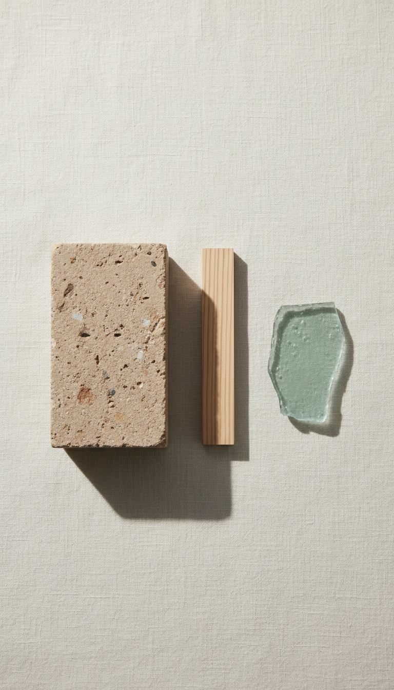 A stylized arrangement of sustainable real estate materials, including a single raw sandstone brick, a sliver of pale FSC-certified wood, and a fragment of frosted recycled glass, all positioned on a delicate cream linen backdrop. The natural textures and muted earth tones convey an appreciation for quality and heritage. Gentle, overcast daylight unfurls softly from one side, casting nuanced, barely-there shadows, enhancing the tactile realism. Framed in a centered, top-down composition with ample negative space, the image feels balanced and serene, exemplifying a sophisticated, minimalist approach to valuing people, place, and planet in real estate.
