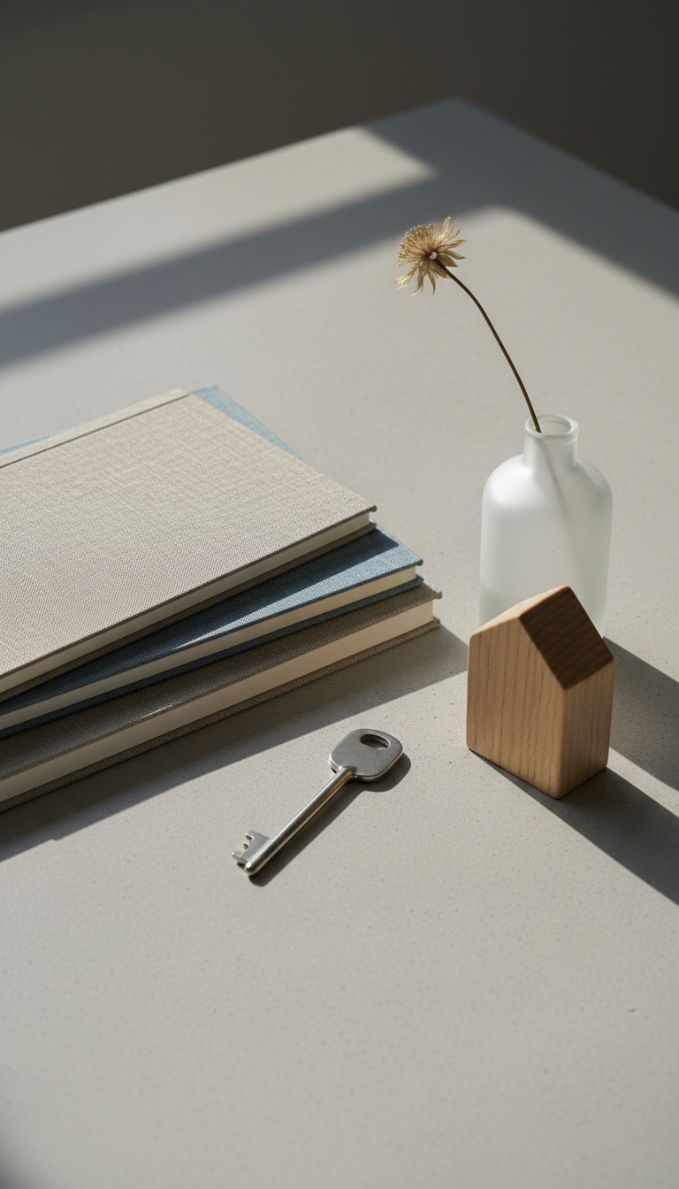 A meticulously arranged vignette featuring a stack of textured linen-bound notebooks in desaturated taupe and slate colors, resting near a sleek brushed metal key and a miniature wooden house sculpture. This ensemble is set upon a minimalist concrete tabletop adjacent to a softly frosted glass vase containing a single dried wildflower. Ambient daylight pours in from above, creating understated highlights and smooth, elongated shadows, resulting in a tranquil, sophisticated mood. The camera captures the scene from a slightly elevated angle, adhering to the rule of thirds, with a shallow depth of field for focus. The overall effect is refined and understated, echoing a commitment to investment decisions imbued with meaning and substance.